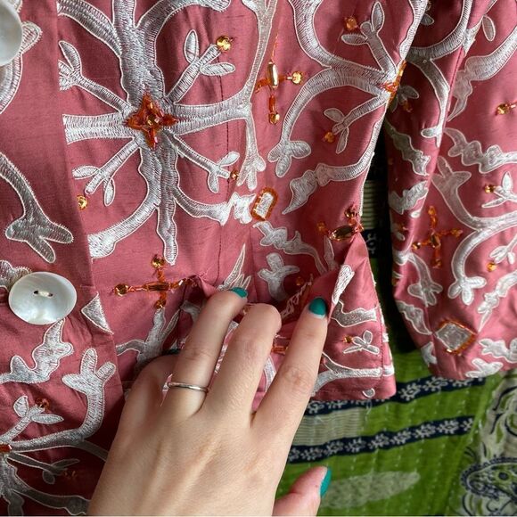 NWOT Y2K Plenty by Tracy Reese x Anthropologie Pink Silk Beaded Blazer Size 4 - Picture 4 of 15